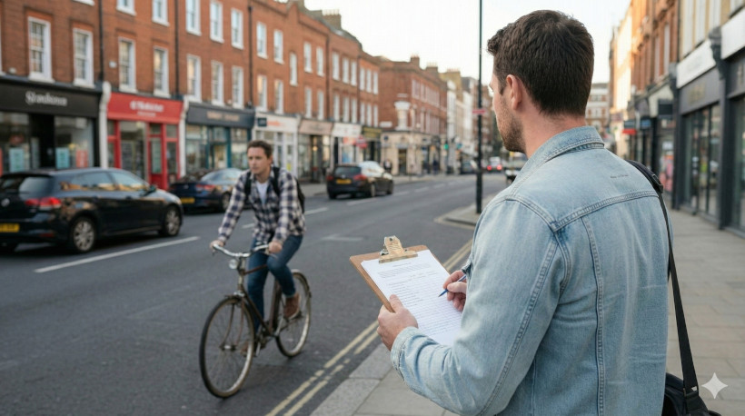 Head and shoulders of a man, from behind, where the man is holding a clipboard while a bicycle passes on the road in front of him.
