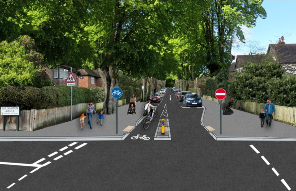 Artist's impression of a revised junction in Fulflood featuring a cycle lane, and pedestrians walking with children.