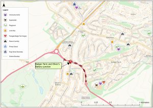 Map showing the location of proposed changes at the Badger Farm Road and Oliver's Battery junction